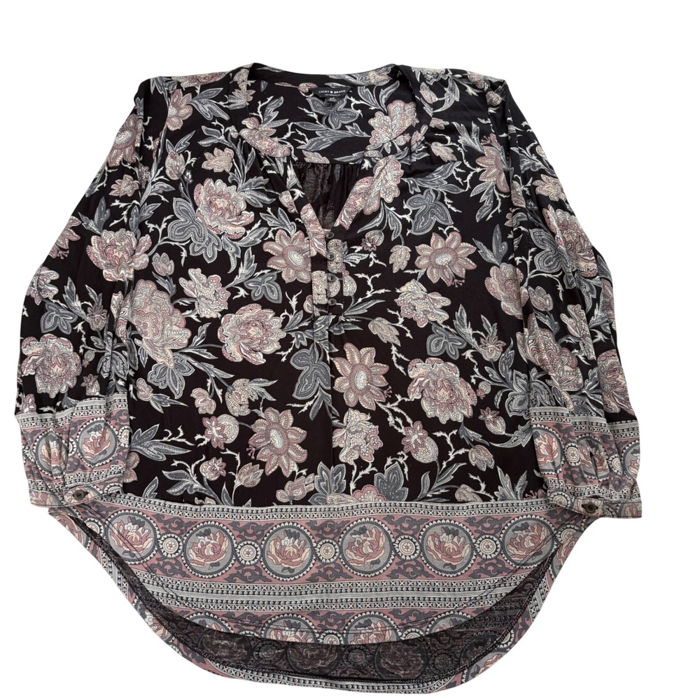 Lucky Brand Womens Black Floral Print Boho Blouse Small Long Sleeve High Low Hem